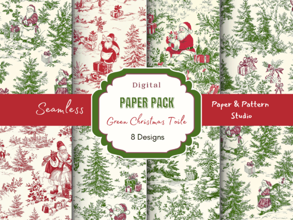 Green Christmas Toile Digital Paper