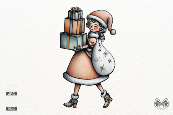 Santa Girl and Wrapped Gift Png
